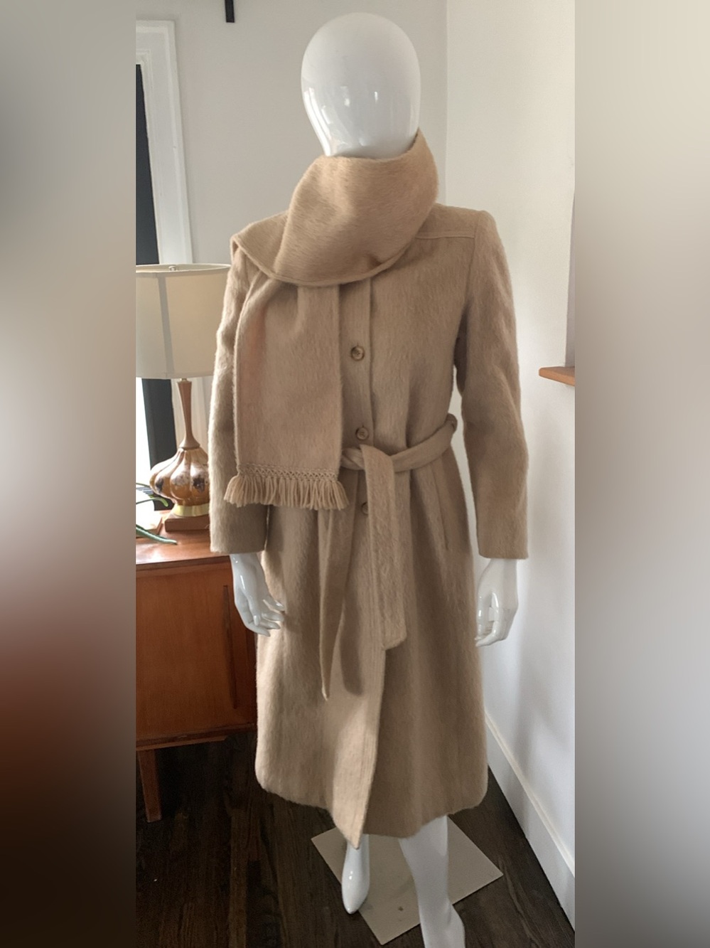 Vintage Women's Beige Long Belted Mohair Wool Coat with Scarf